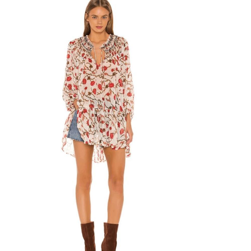 Free People Keeping Up With Kara Tunic Ivory Floral Chiffon Embroidery Small